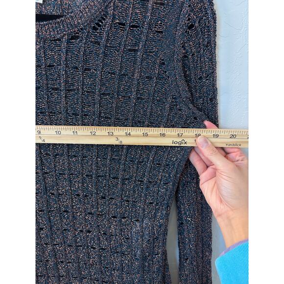 Anthropologie Pilcro Sz XS Blue Green‎ Gold Metallic Open Knit Viscose Sweater - Picture 7 of 9